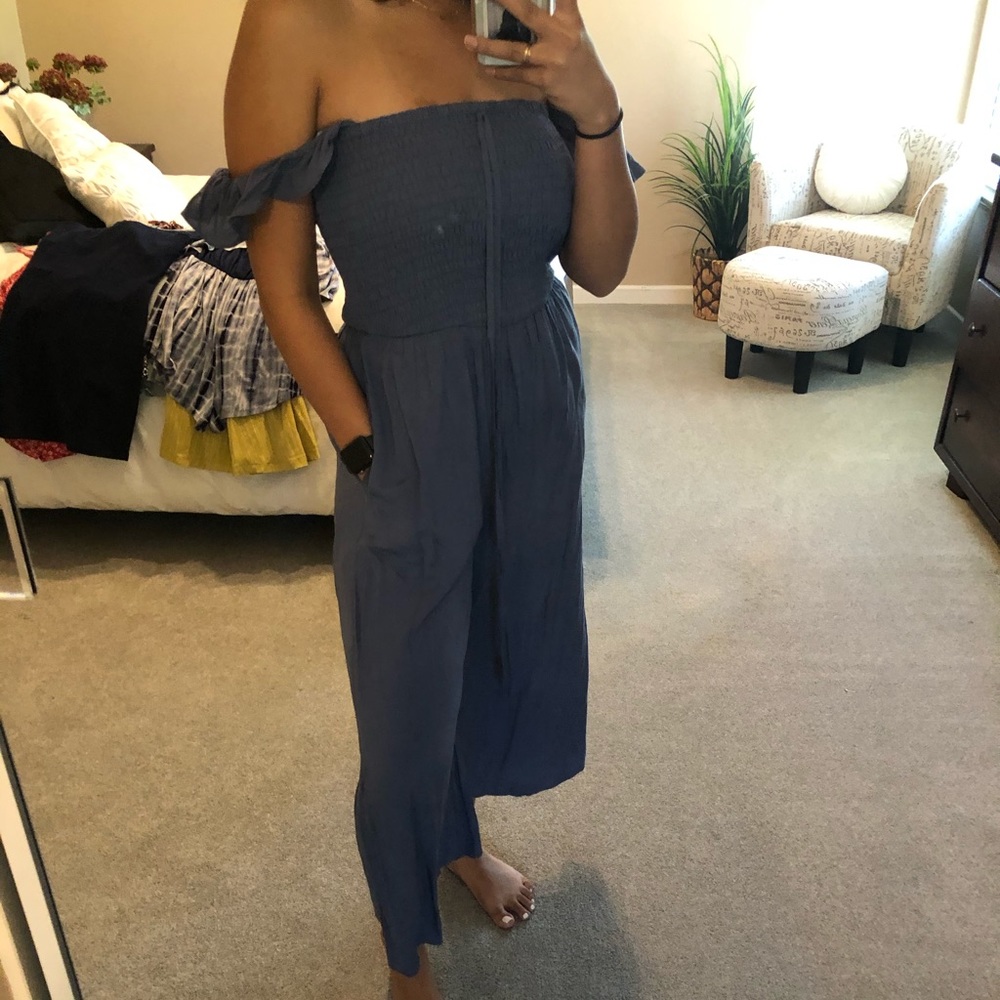 off the shoulder cropped wide leg jump suit